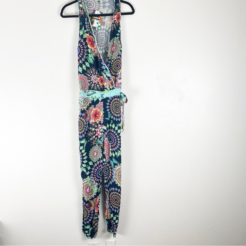 DESIGUAL Mireia Multicolored Mixed Prints V-Neck Belted Waist Jumpsuit 2 Boho